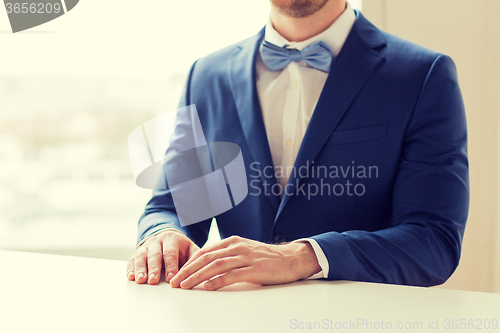 Image of close up of man in suit and bow-tie at table