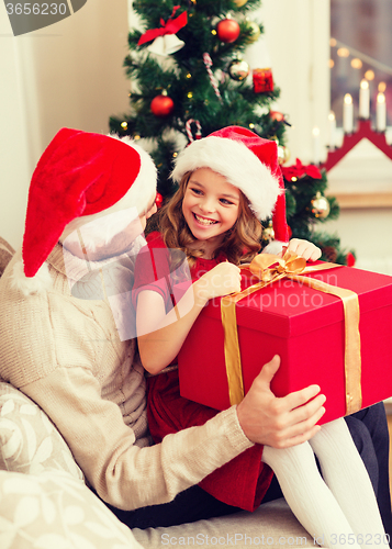 Image of smiling father and daughter opening gift box