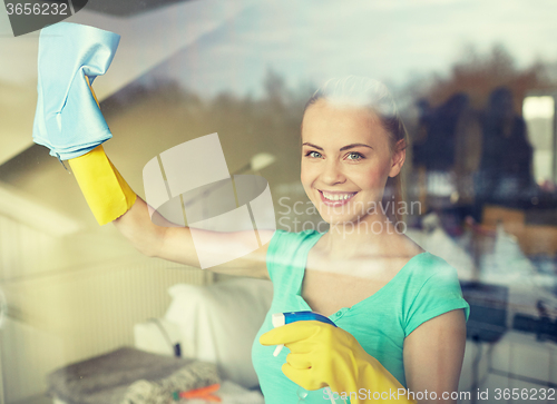 Image of happy woman in gloves cleaning window with rag