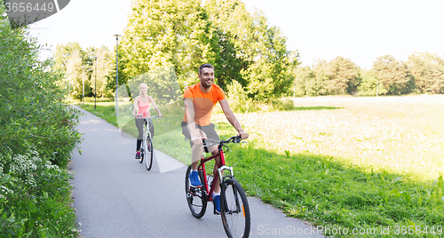 Image of happy couple riding bicycle outdoors