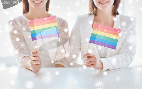 Image of close up of happy lesbian couple with rainbow flag