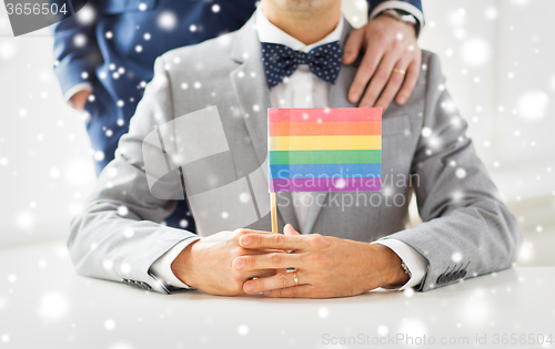 Image of close up of male gay couple holding rainbow flag