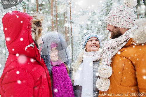 Image of group of smiling men and women in winter forest