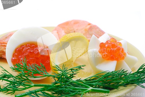 Image of Red salmon caviar and cooked shrimps