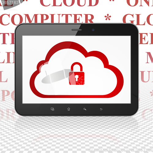 Image of Cloud computing concept: Tablet Computer with Cloud With Padlock on display