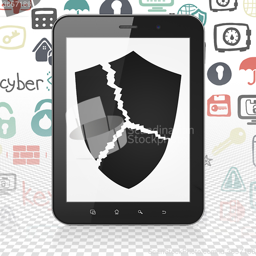Image of Protection concept: Tablet Computer with Broken Shield on display