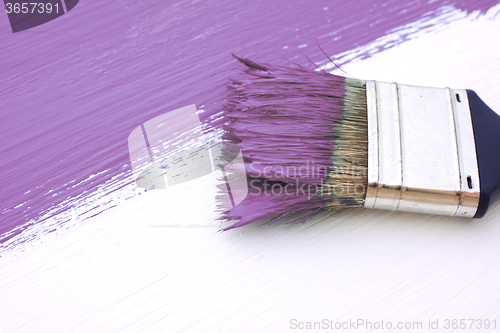 Image of Close-up of paintbrush painting a white board purple