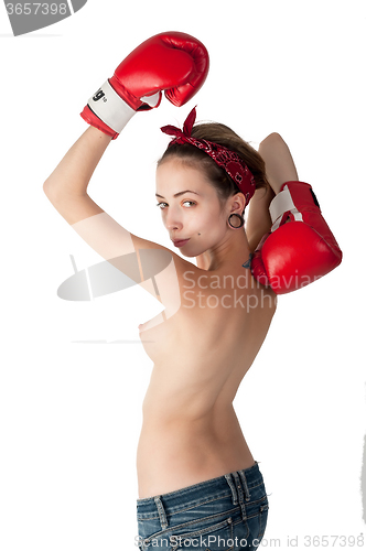 Image of Beautiful topless glamour woman with boxing gloves