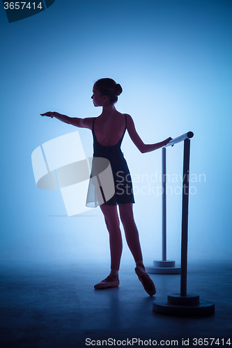 Image of The young ballerina stretching on the bar 