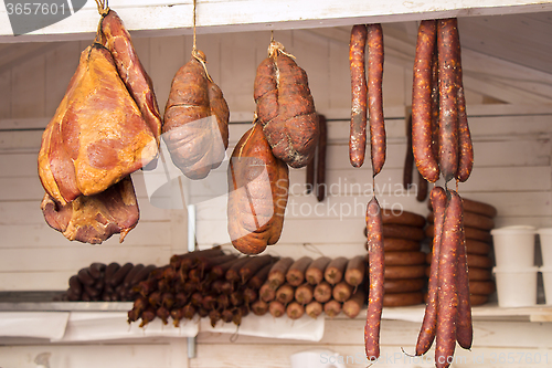 Image of Smoked Sausage and Bacon in a street market