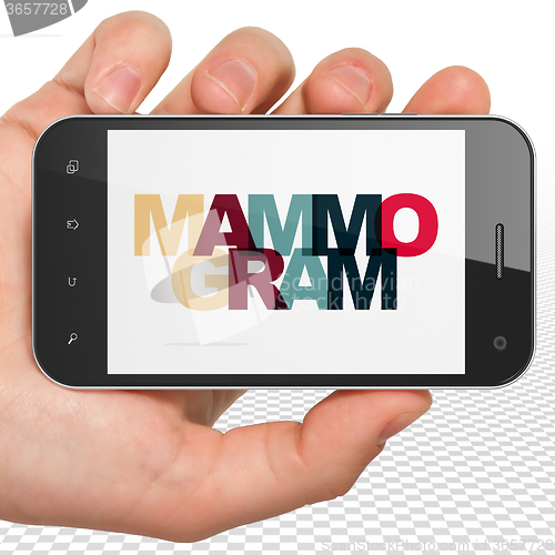 Image of Healthcare concept: Hand Holding Smartphone with Mammogram on  display