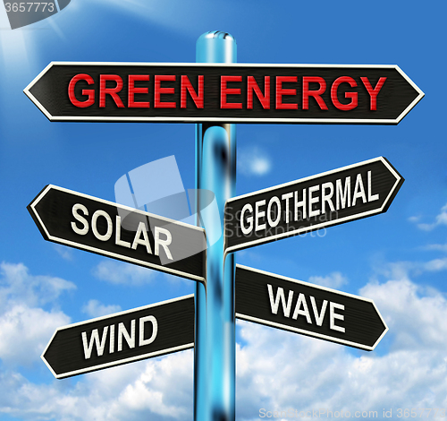 Image of Green Energy Signpost Means Solar Wind Geothermal And Wave