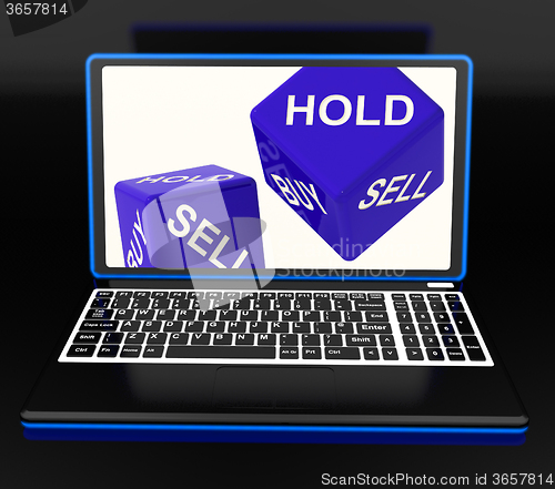 Image of Sell And Hold Dices On Laptop Showing Strategies