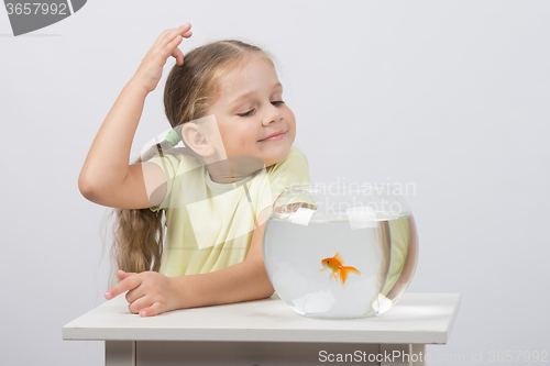 Image of Four-year girl make a wish while enjoying a goldfish in an aquarium