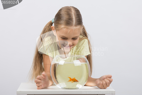 Image of Happy six year old girl looking down on the aquarium with goldfish