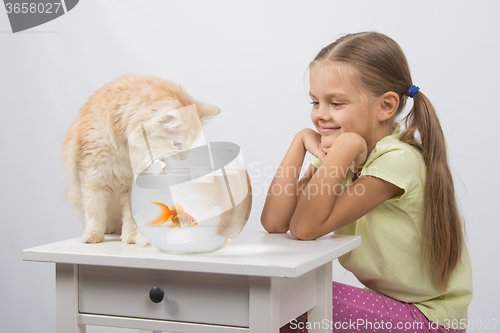 Image of The girl looks like a cat wants to catch the goldfish