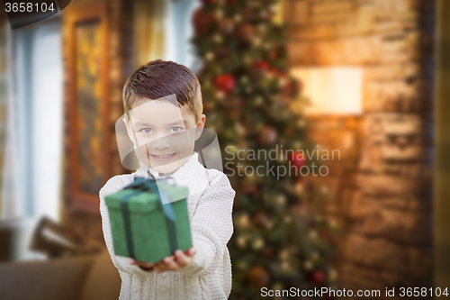 Image of Mixed Race Boy with Christmas Tree Handing Gift Out Front