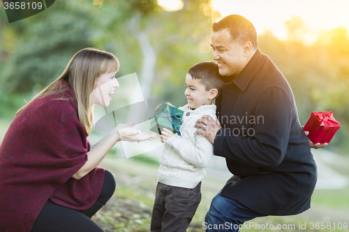 Image of Young Mixed Race Son Handing Gift to His Mom