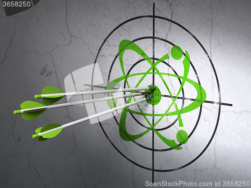 Image of Science concept: arrows in Molecule target on wall background