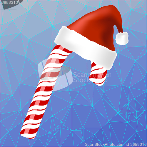 Image of Sweet Red Candy Cane and Hat of Santa Claus
