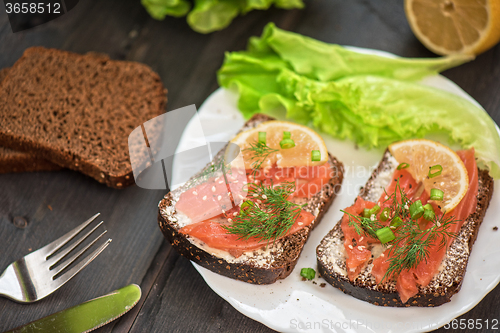 Image of Sandwich with salmon for breakfast