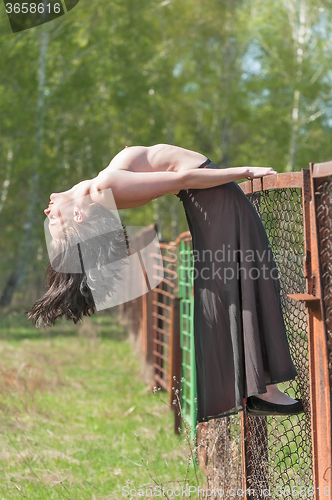Image of Attractive topless woman relaxes on grid fence
