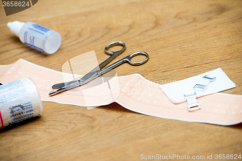 Image of First aid kit items on wooden surface