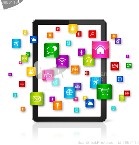 Image of Digital Tablet PC and flying apps icons