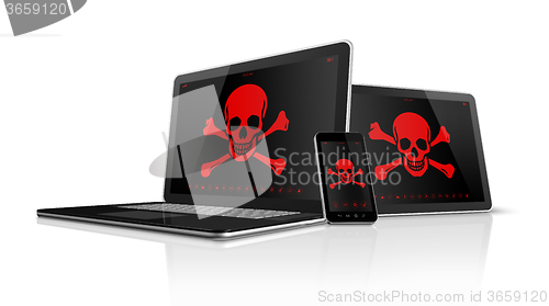 Image of Laptop tablet pc and smartphone with pirate symbols on screen. H