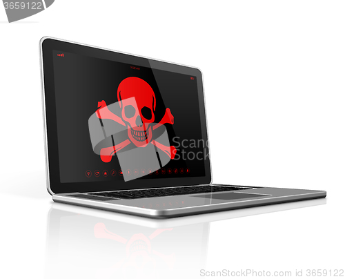 Image of Laptop with a pirate symbol on screen. Hacker concept