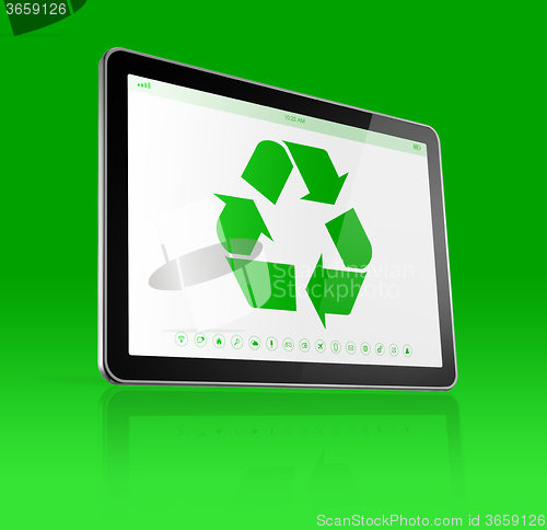 Image of Digital tablet PC with a recycling symbol on screen. ecological 