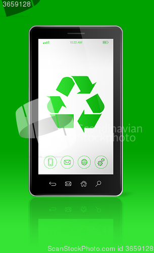 Image of Smartphone with a recycling symbol on screen. environmental cons