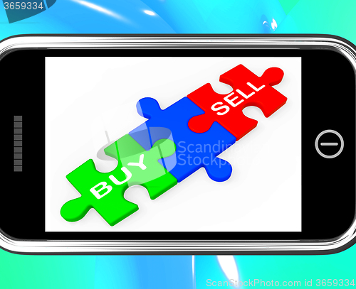 Image of Buy And Sell Puzzles On Smartphone Shows Commerce