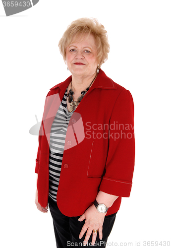 Image of Older woman in red jacket.