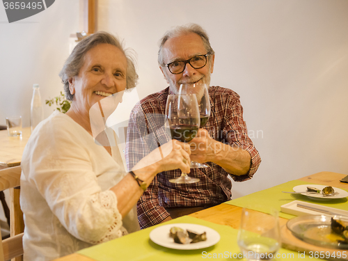 Image of Old couple toasting 
