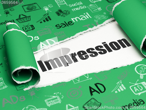 Image of Advertising concept: black text Impression under the piece of  torn paper