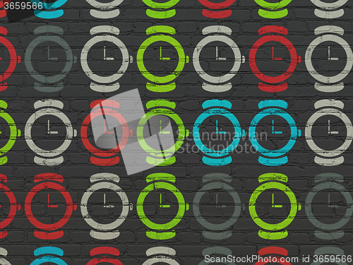 Image of Timeline concept: Hand Watch icons on wall background