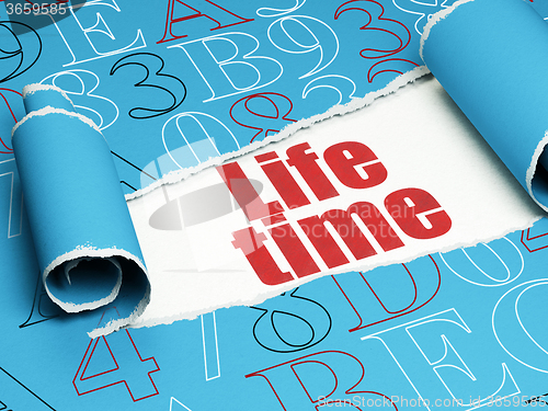 Image of Timeline concept: red text Life Time under the piece of  torn paper