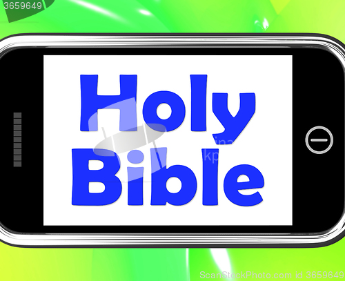 Image of Holy Bible On Phone Shows Religious Book