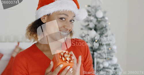 Image of Smiling attractive woman holding a Christmas gift