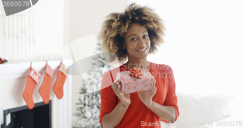 Image of Smiling African woman holding a Christmas gift