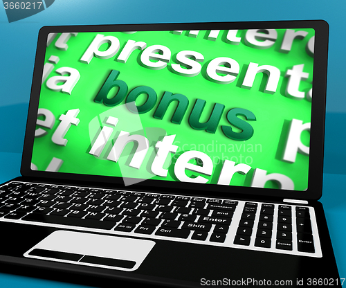 Image of Bonus On Laptop Shows Rewards Benefits Or Perks Online