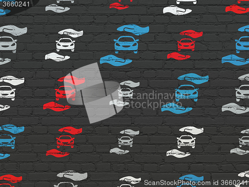 Image of Insurance concept: Car And Palm icons on wall background