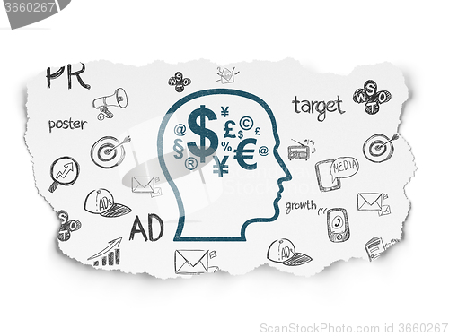 Image of Marketing concept: Head With Finance Symbol on Torn Paper background