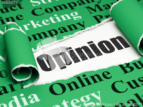 Image of Advertising concept: black text Opinion under the piece of  torn paper