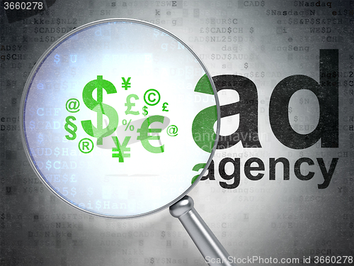 Image of Advertising concept: Finance Symbol and Ad Agency with optical glass
