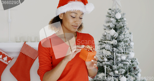 Image of Lovely young woman holding a Christmas gift