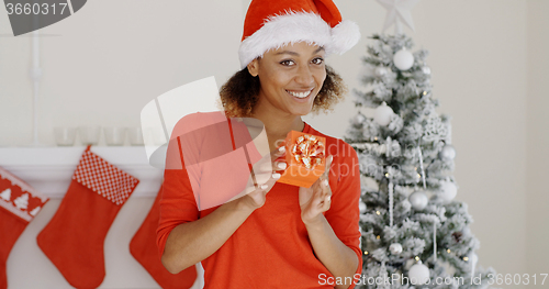 Image of Lovely young woman holding a Christmas gift