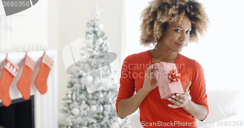 Image of Smiling African woman holding a Christmas gift