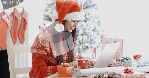 Image of Smiling young woman surfing for Christmas bargains